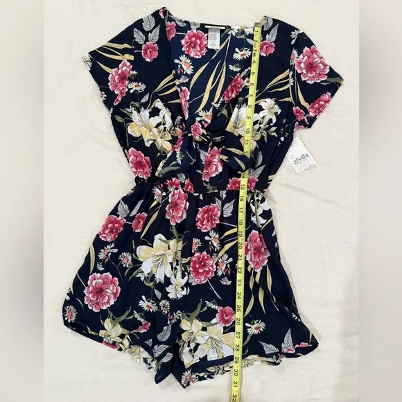 Floral V-Neck Romper - Navy and Pink - Picture 5 of 9